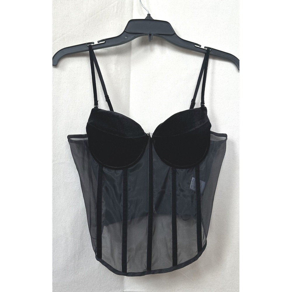 FORE Witchygoth Ren Fair Black Velvet Sheer Mesh Bustier Corset Underwire Sz. S